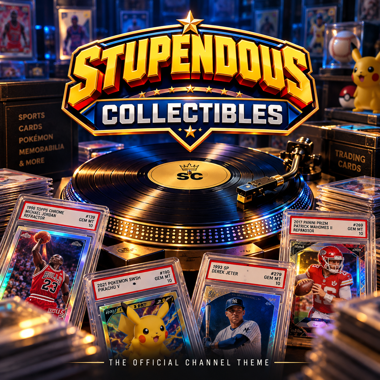 Stupendous Collectibles official channel theme cover, featuring a gold record player and collectible cards
